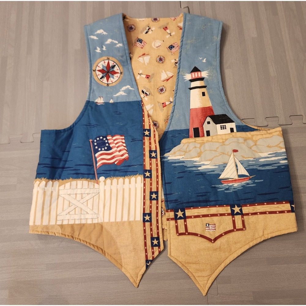 Vintage Reversible Nautical Lighthouse Vest Blue Tan Patriotic Coastal XL